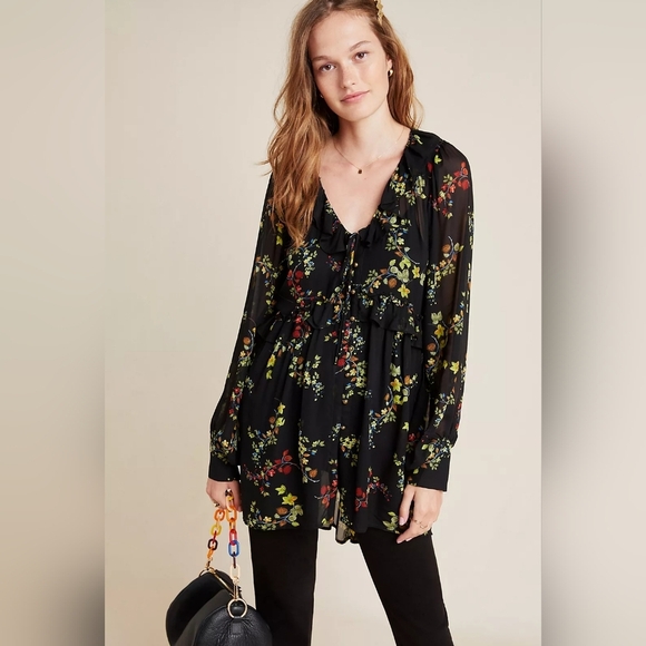 By Anthropologie Tops - Anthropologie Jamison Ruffled Tunic – Black Floral – Size S – NWT (Repair Needed